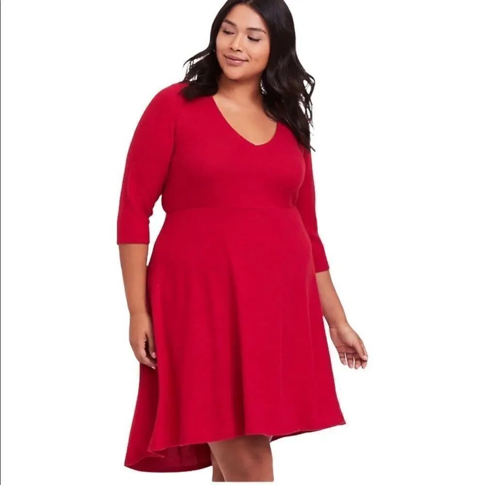 Red V Neck 3/4 Sleeve Side Pockets Fit Flare Hi-Low Knee Dress by Torrid NEW